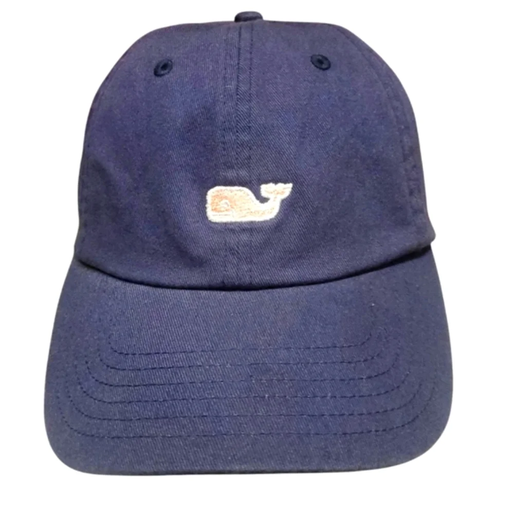 🔥VINEYARD VINES Navy Blue/Pink  Whale Logo Leather Strap Back Baseball Cap OS‎